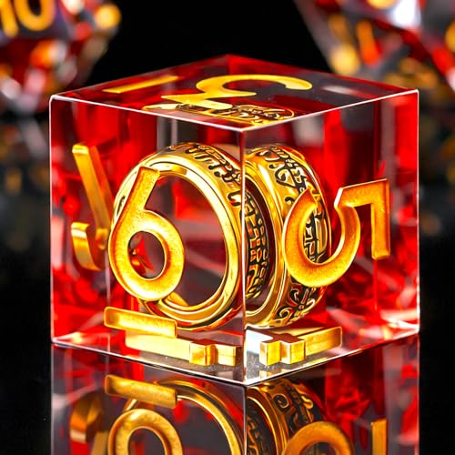 Ring DND Dice Set Sharp Edge Resin Dice,Golden Ring Inclusion Suitable for Lord of the Ring D&D Dice RPG Role Playing Games Suitable for Dungeons and Dragons Polyhedral Dice Set（red）