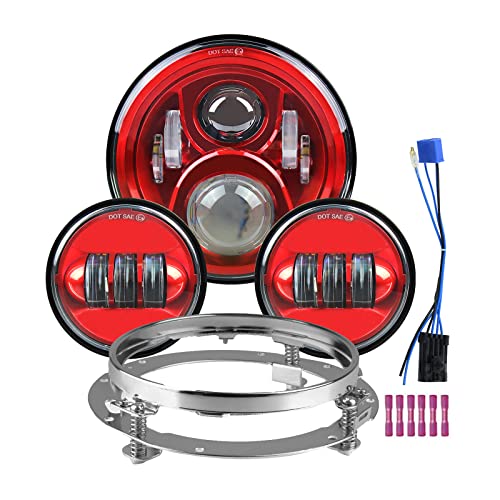 Atubeix 7 Round LED Headlight Bulb Kit + 2pcs 4.5 Fog Passing Lights and Mounting Ring Kit for Touring Road King Street Glide Fat Boy (Red)