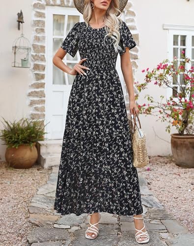 Image of Kranda Women 2025 Summer Fall Crewneck Short Sleeve Smocked Floral Maxi Dress