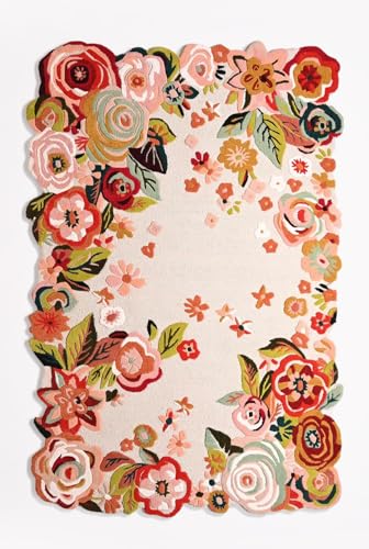 Handmade Colorful Roses Floral Wool Area Rug | Irregular Shape,