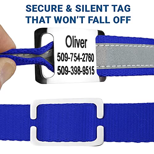 Gotags Reflective Personalized Dog Collar With Nameplate, Adjustable Dog Collar With Custom Engraved Slide On Pet Id Tag In Stainless Steel, Silent, No Noise Dog Id Tag (Blue, Large) #TOP2
