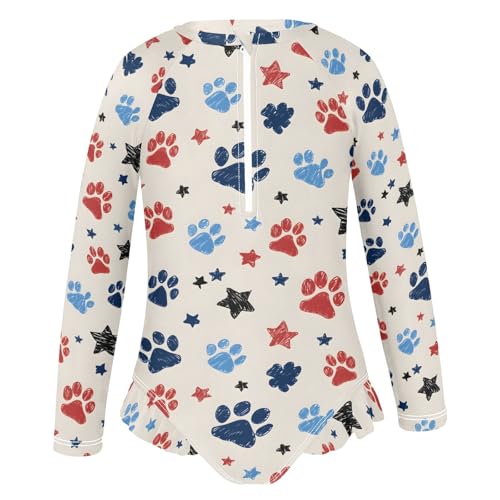 4th of July Paw Prints Stars Girls Long Sleeve Swimsuit Rash Guard One Piece Bathing Suits Zipper 3-12T2