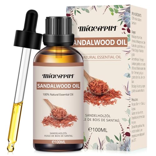 Migcaput Ätherisches Sandelholzöl 100ml, Naturrein Sandelholzöl für Diffuser, Luftbefeuchter, Aromatherapie, Entspannung, Raumduft, Parfüm, Kerzenherstellung