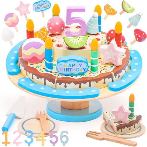 HAPGFS Wooden Birthday Cake Toy Set for Kids Realistic Birthday Cake with Candles and Fruits for Pretend Play Wooden Toys Educational Play Food for Birthday Parties and First Birthday Gifts for Kids