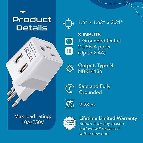 Image of Brazil Travel Adapter Plug by Ceptics with Dual USB - USA Input - Type N - Ultra Compact - Perfect for Cell Phones, Laptop, Camera Chargers, iWatch and More (CTU-11C)