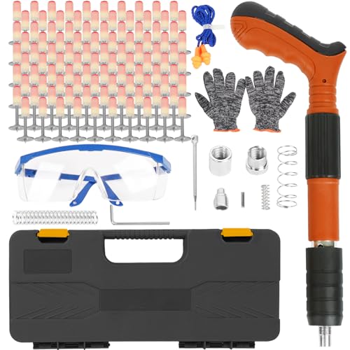 Concrete Nail Gun Kits with 100pcs Round Nails, 5 Speed Adjustable Manual Steel Nail Gun Tool, Wall Fastening Power Tool, Portable Nail Shooting Machine for Ceiling Wire Slotting (Orange)