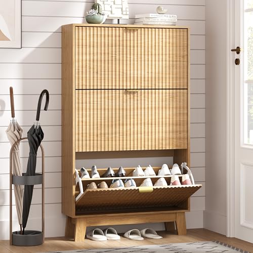 Image of HUANLEGO Shoe Cabinet Storage for Entryway with 3 Flip Drawers, Fluted Narrow Shoe Organizer with Wooden Legs, Freestanding Slim Shoe Storage Hidden Shoe Rack Organizer for Front Door Entrance, Oak