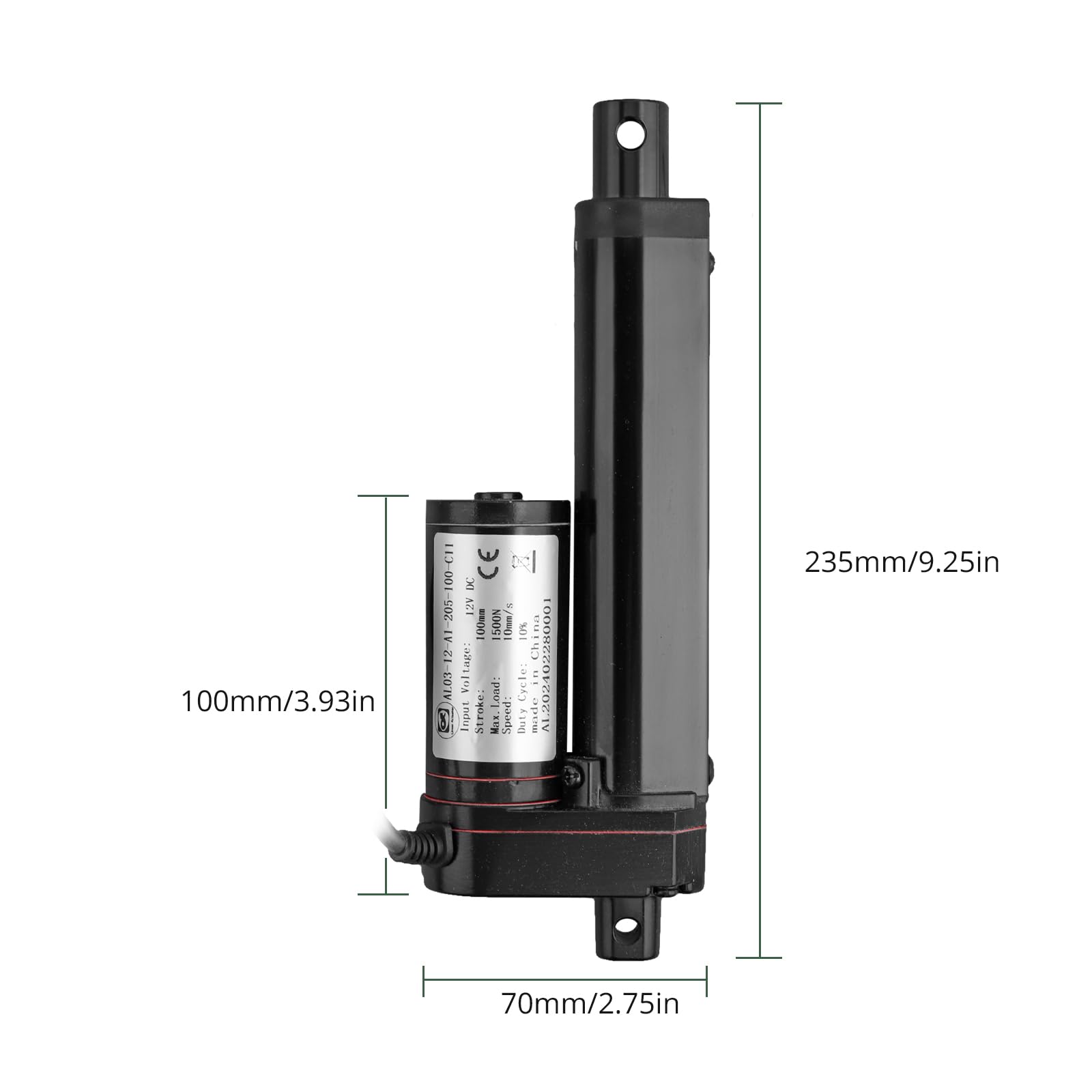Motore lineare da 1500 N, 100 mm, 10 mm/s, 12 V, DC Linear Actuator, motore elettrico a cilindro per auto, mobili, camper, apriporte, agricoltura industriale, vasi, ecc. (nero, 100 mm)