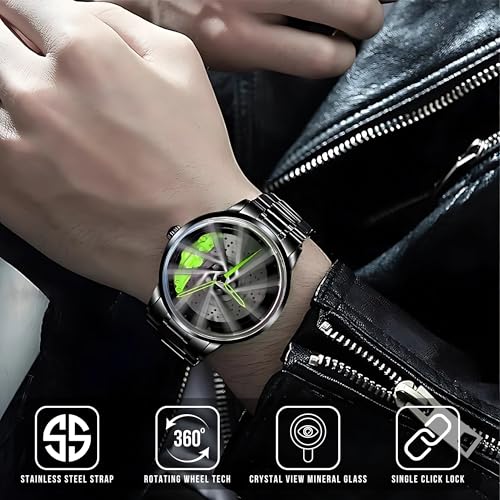 Image of HORAME 42mm Car Alloy Wheel Watch for Men, Gyro Wheel Rolling Watch for Men with Black Steel Chain, 30M Waterproof Round Metal Rim Rotating Watches, Analog RS7 Spinning Car Watches for Boys