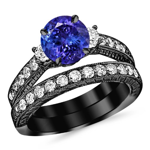 2.53 Carat 14K Black Gold Three Stone Vintage With Milgrain & Filigree Bridal Set with Wedding Band & Diamond Engagement Ring with a 1.5 Carat Natural Tanzanite Center (Heirloom Quality)