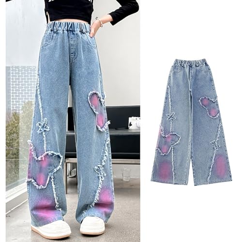Girls Ripped Jeans Patchwork Cotton Pant Youth Tie Dye Baggy Denim Pants Teens Elastic High Wasited Leggings Streetwear2
