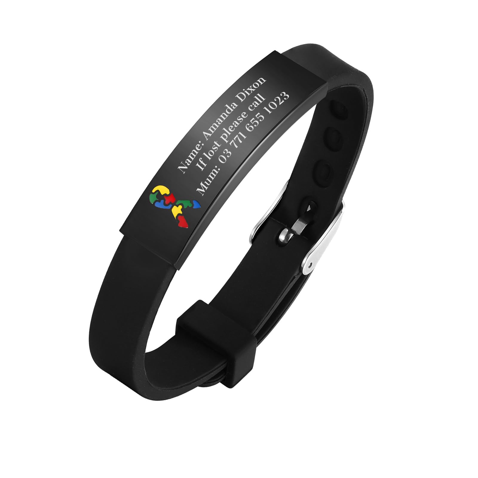 Personalised Child Safety ID Wristband - Engraved Name Contact Number Emergency Medical Bracelet for Autism Kids, Customised Anti Lost ID Wristband for Children Boys Girls, Waterproof Adjustable