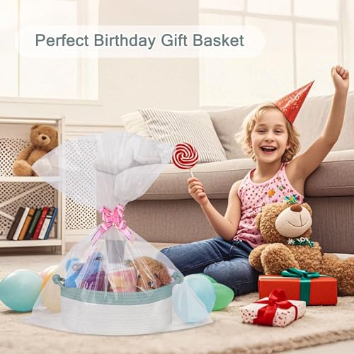 Image of COMSE Small Gift Basket Empty with Bag & Ribbons, Light Green & White