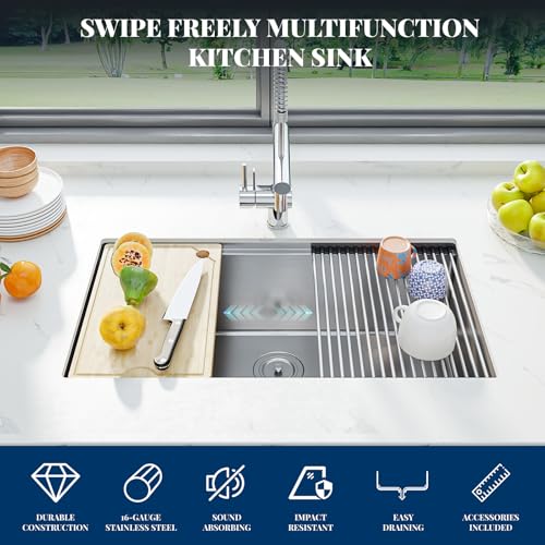 30 x 19 Drop-In Workstation Kitchen Sink – 16 Gauge Stainless Steel Topmount Sink, 10" Deep Undermount Single Bowl & 6 Accessories