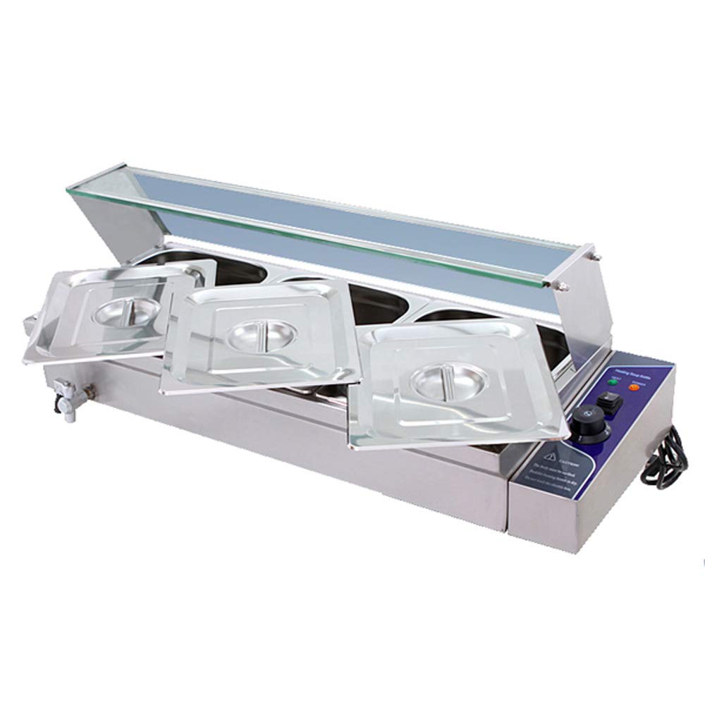 INTBUYING 110V Bain Marie Buffet Steam Table Restaurant Food Warmer with Glass Shield 3 Pots Single-Row