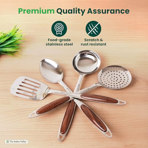 Image of The Indus Valley Stainless Steel Ladle /Spoon /Slotted Turner /Skimmer - Set of 4 | Cooking Utensils| Kitchen, Serving Tools | No Harmful Polish