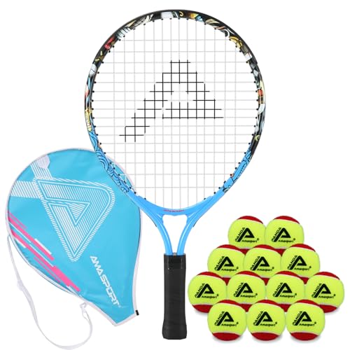 AMA SPORT 17" Graffiti Blue Kids Tennis Racket con 12 pelotas