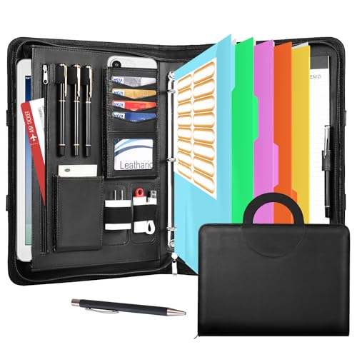 Image of Leathario Portfolio Binder, Includes 5 Folder Index Dividers, 13 Inch Tablets Organizer with Handle, Vegan Leather A4 Padfolio, Multi-Pocket Notepad Business Planner Professional Document
