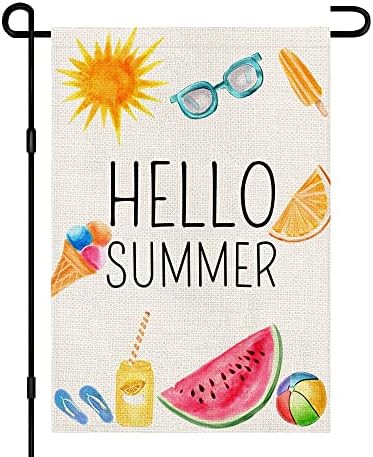 Hello Summer Garden Flag 12x18 Inch Double Sided Burlap, Beach Sign Yard Outdoor Decor Small Flags DF281