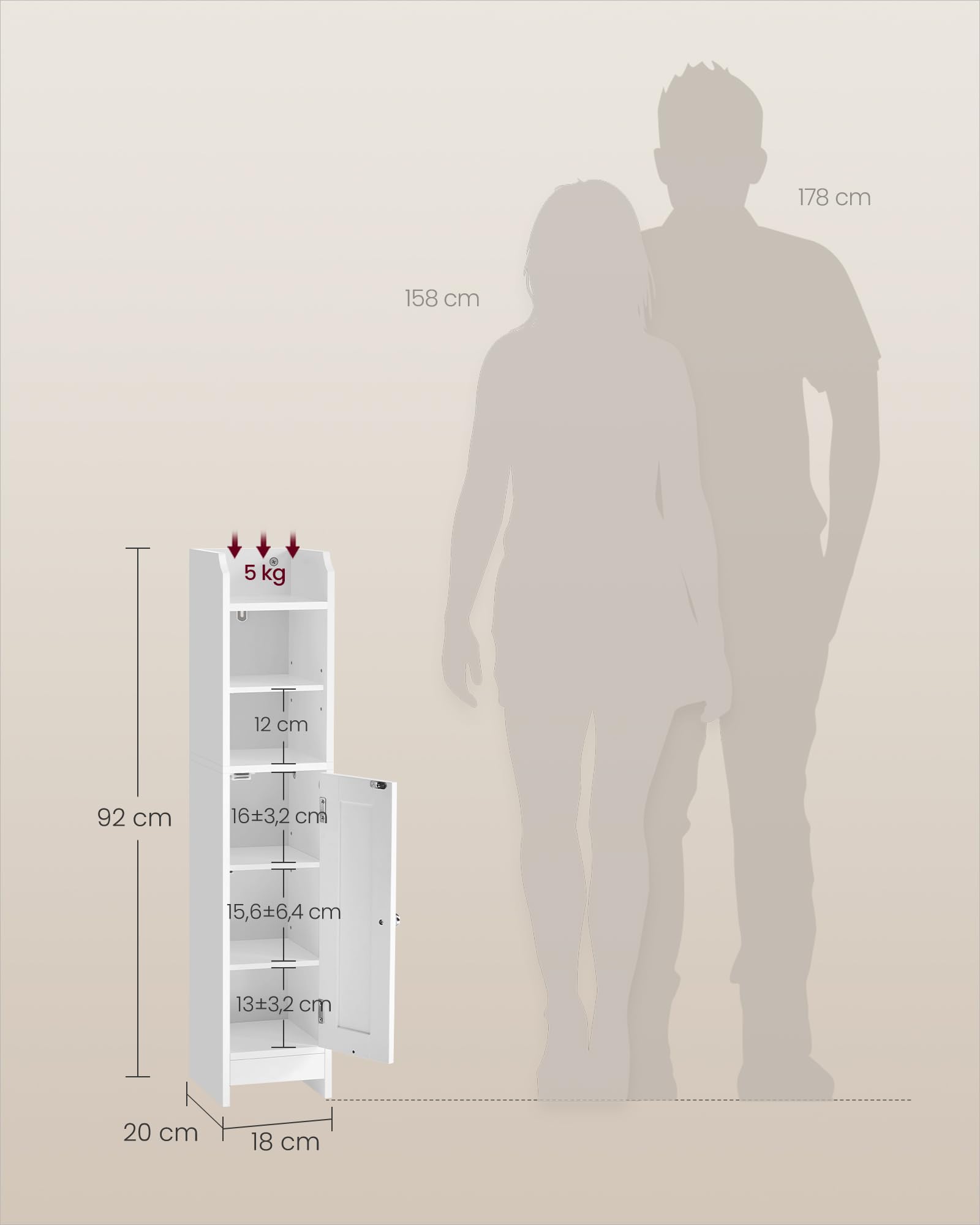 VASAGLE Badezimmerschrank klein, Badschrank schmal, stehend, mit Tür und Regal, Kleiner Schrank für Toilettenpapier, Toilettenschrank, verstellbare Ablagen, 20 x 18 x 92 cm，wolkenweiß BBC311W01