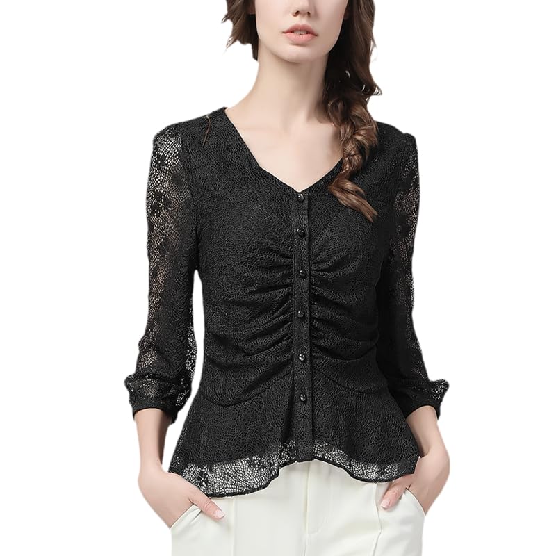 Nylon Sexy évider Femmes Dentelle Hauts été Mince col en v Sept Manches Chemises Vintage Floral Marron Haut (Noir S)