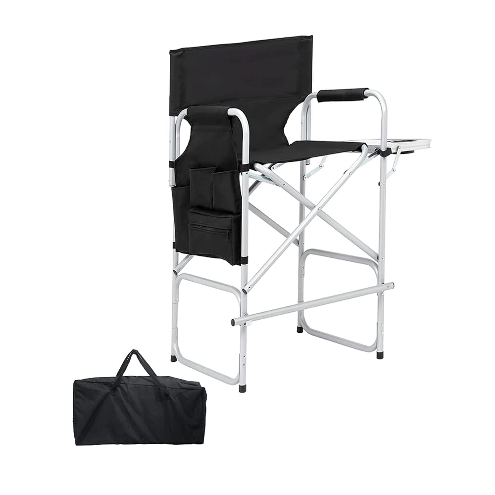 MISRFEYU Tall Director Chair with Side Table,Portable Makeup Artist Chair Bar Height,Foldable Tall Folding Chair with Storage Bag Foot Rest, Black