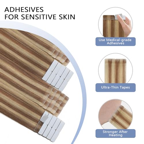 Image of COOKAYU Invisible Tape in Hair, Gold Brown to Caramel Blonde 20pcs /pack 18Inch 40g Seamless Tape in Extensions Real Human Hair Injected Invisi Edge Extensions