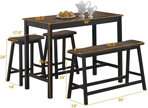 Miniatura 5 de Mesas de comedor de 4 piezas de madera maciza con banco de altura y dos taburetes de silla