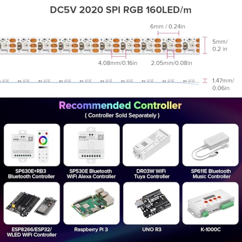 Image of SEZO WS2812B IC RGB LED Strip Lights 5mm Width Ultra Narrow Individually Addressable RGB LED 160 LEDs /m 13.1ft DC5V 2020SMD Dream Full Color Flexible Tape IP30 (No Adapter or Controller)
