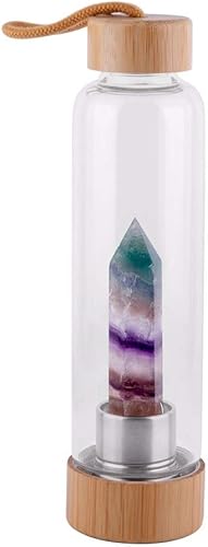 Botella de agua de cristal de cuarzo con tapa de bambú, botella de agua de cristal natural para hacer agua curativa con infusión de piedras