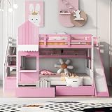 CITYLIGHT Castle Bunk Bed Full Over Full,Wooden Bunk Beds with Slide and Storage Stairs,Space Saving Full Bunk Bed with 2 Drawers and 3 Shelves,Kids Bunk Bed for Girls Boys,Pink