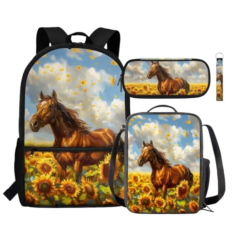 Zaino per bambini borsa termica per il pranzo portapenne astuccio da polso con cordino e portachiavi set 4 in 1 per il rientro a scuola Cavallo Girasole Taglia unica Zaini giallo
