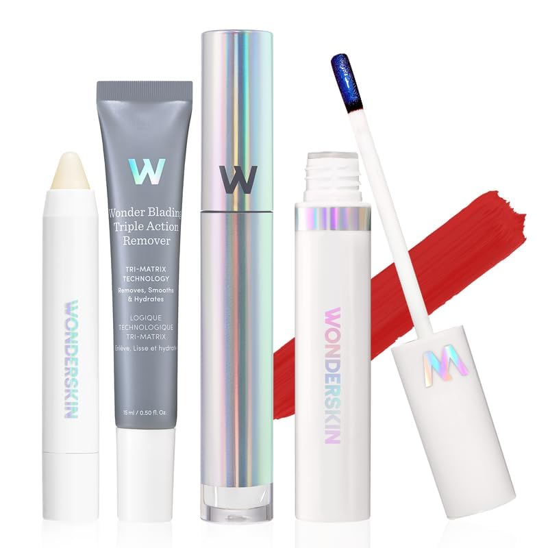 Wonderskin Wonder Blading Lip Stain Super Set - Long Lasting Red Tint With Clear Top Gloss, Lip Exfoliator Scrub & Makeup Remover (Hayley)