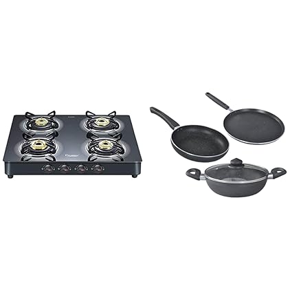 Prestige Royale Plus Schott Glass 4 Burner Gas Stove, Manual Ignition, Black + Prestige Omega Deluxe Granite 3 Pcs with 1 Glass Lid COMBO