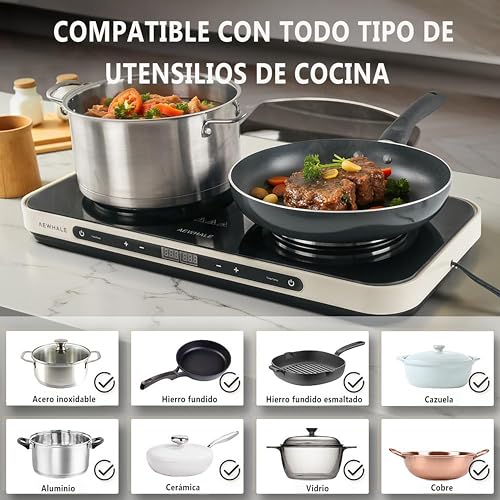 AEWHALE Hornillo Eléctrico 2 Fuegos Portátil, 2000 W Vitrocerámica Portátil con Placa Antiadherente Extraíble,Temperatura/Tiempo Ajustables, Ideal para Cocinas Pequeñas y Camping - imagen 2