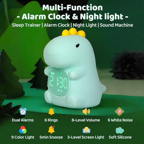 Image of Dinosaurs Alarm Clock with Night Light for Kids with Sleep Training and Sound Machine, Rechargeable Silicone Lamp OK to Wake Clock,Cute Animal Tabletop Lamp, Perfect Sleep Companion for Boys Girls