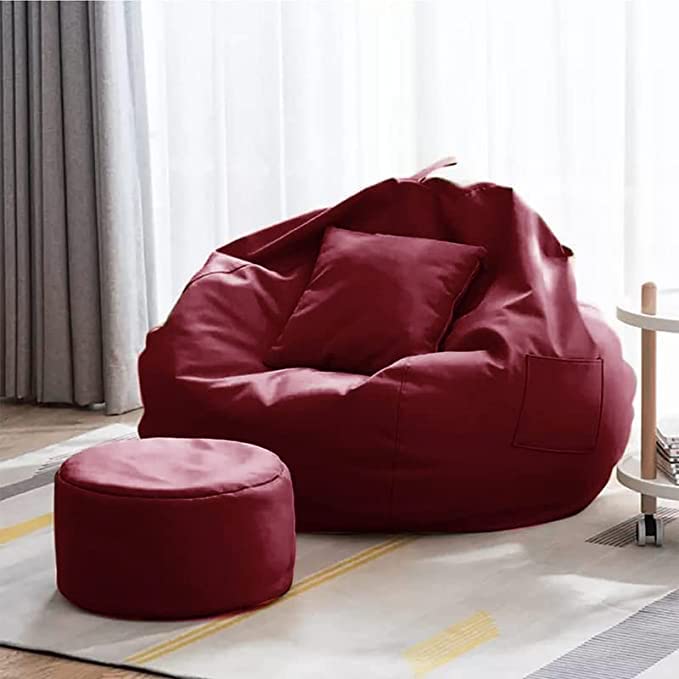 FUSION WORLD 4XL Bean Bag with Footstool Cushion Ready to Use Filled with  Beans Faux Leather Bean Bag Chair for Home (Maroon)
