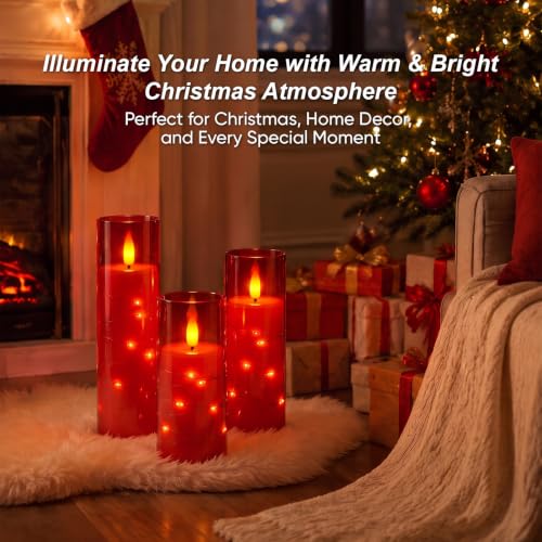Image of Raycare Flameless Candle with Remote Timer, 3 Flickering Acrylic Battery Operated LED Pillar Candles with Embedded Star String for Christmas, Home Decor, and as a Gift(Red)