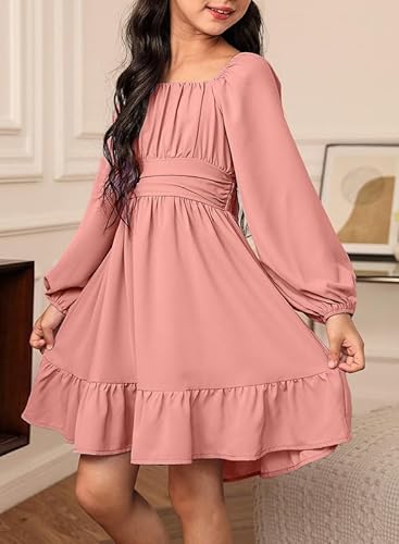 Dokotoo Kids Girls Long Sleeve Ruffle Hem Off Shoulder Dress Cute Square Neck Tie Back Party Birthday Dresses Pink 8-9 Years thumb #2