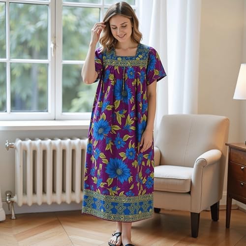Women's Short Sleeve Purple/Blue Floral Lounger House Dress - Square Neck, Contrast Yoke and Hem with Pockets3