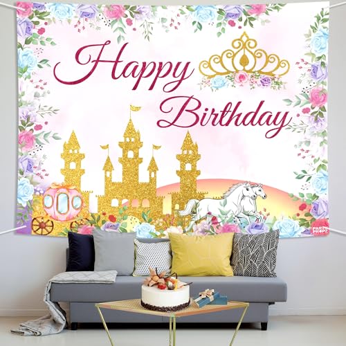 Image of Party Propz Princess Theme Birthday Decoration Items for Girls, 2pcs Backdrop 5x4 ft with Ribbon, Princess Decoration for Birthday Girls, Bday Decorations Kit & Items for Baby Girl (Cloth Banner)