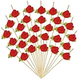 DIELOVEHUA 100 Pièces Fleurs Brochettes Cocktail, Decoration Cocktail Saint Valentin, Bambou Bâton Cocktails, pour Fruits, Desserts, Anniversaire, Saint-Valentin, Mariage et Célébrations (Rouge)