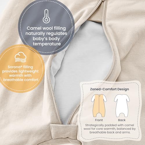 Image of kaiya baby Organic Cotton Sleep Sack with Feet,1.0 TOG Sleep Bag,18-36M | Safe Sleep Design, CPSC Tested, GOTS Certified, Organic Cotton & Camel Wool Filling, Temp Sensing Sticker, Two-Way Zipper