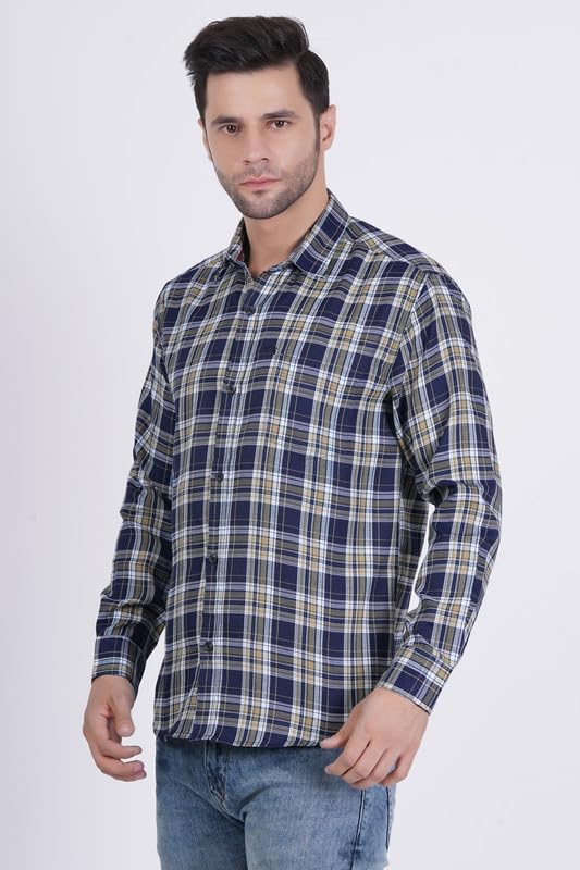 Image of RUE HANDMADE Men's Slim Fit Cotton Shirt - Trendy Blue Checkered Design | Casual & Formal | Full Sleeve, Spread Collar | Perfect Designer Style