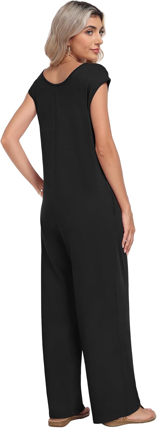 LILBETTER Summer Dressy Jumpsuits for Women One Piece Cap Sleeve Casual Outfits Overalls Wide Leg Rompers with Pockets - Image 3
