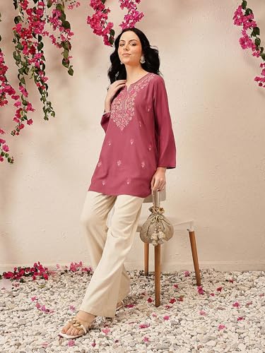 Image of QAZMI Women's Bahar Kashmiri Zari Resham Work Viscose Rayon Full Sleeves A-Line Short Kurti