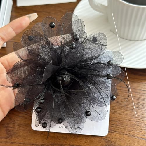 Image of Large Silk Camellia Flower Lapel Brooch Pin for Women Girls Handmade Fabric Rose Flower Floral Feather Faux Pearl Brooches Pins Dainty for Wedding Party Dance Suit Dress Accessories Jewelry Gifts