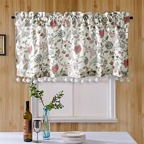 Image of Ravaiyaa - Attitude is everything Hand Printed Half Window Kitchen Rod Pocket Semi Sheer Curtain 100% Cotton Short Drapery Valance Curtain 40 inch X 18 inch Inch (White Floral)