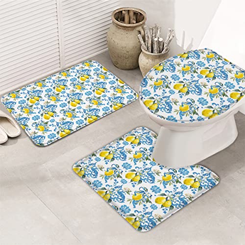 YINGD 3-teiliges Badezimmerteppich-Set, Badematte, frische Zitronen, Vintage, Barock, Blau, mediterranes Muster…