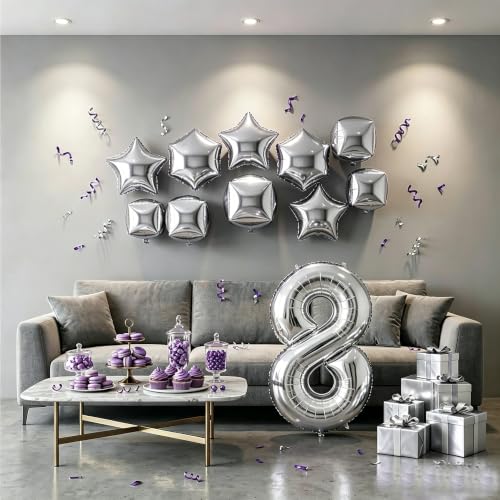 Image of Number Balloons Silver Party Balloon - Giant Number 8 Balloon, 40 Inch Large Balloon for Birthday Decorations, Silver Party Supplies for Anniversary